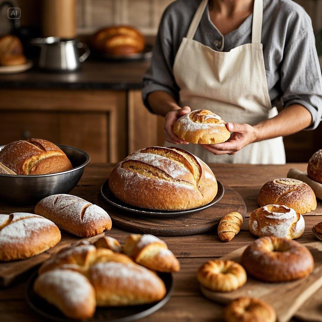 A baker in a bakery kitchen and baked some tasty bread