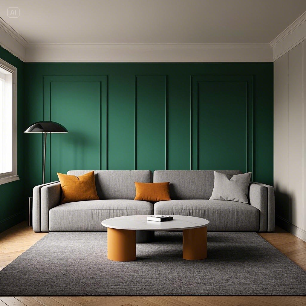 Beautiful tv room decorate with gray sofa and table with green wall
