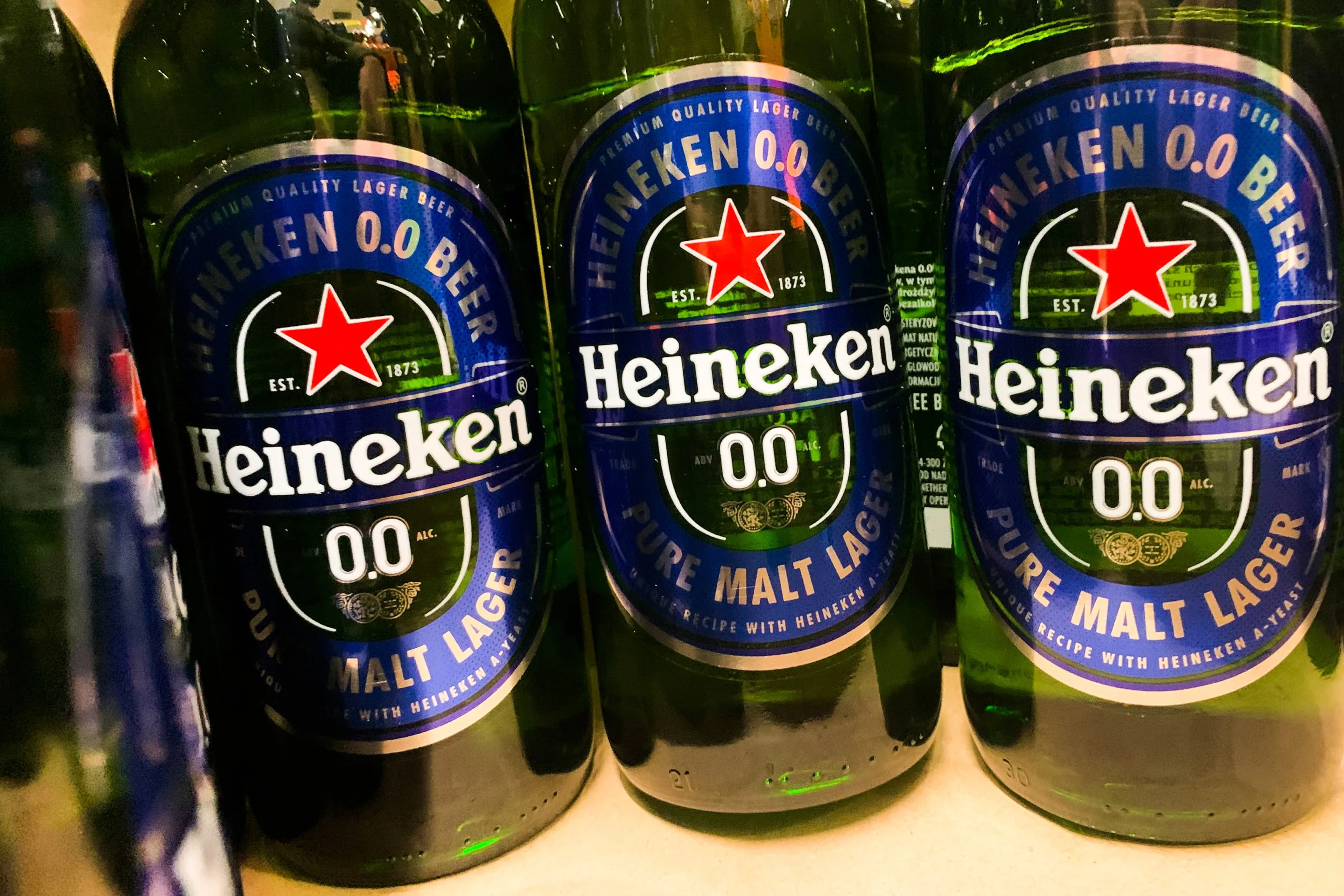 3 bottle of Heineken 0.0 non-alcoholic beer bottles in green glass bottles