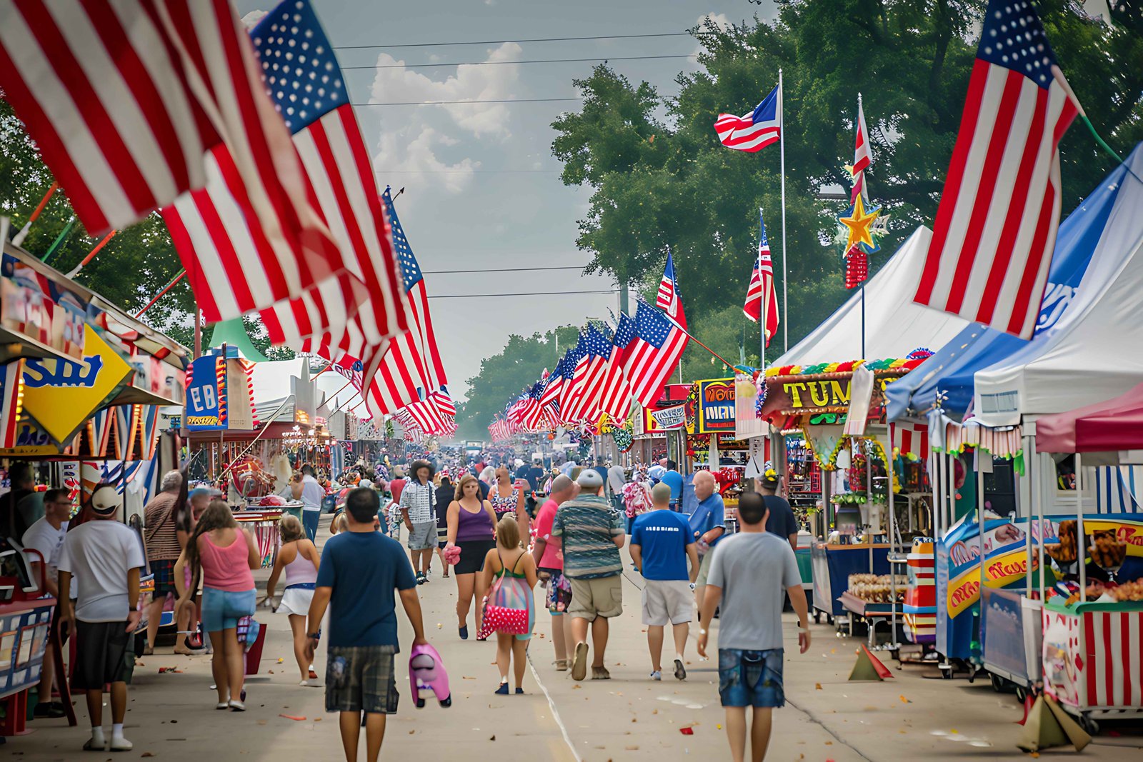 Festival view and see the American flag on every stall